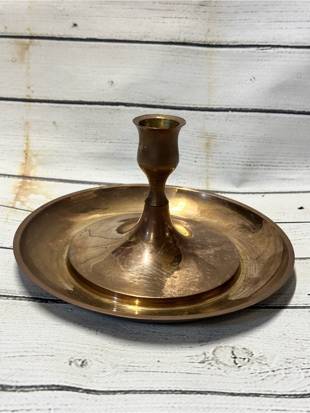 Vintage Brass Taper Candle Holder Drip Tray Round Base W/ Patina Cottage Core